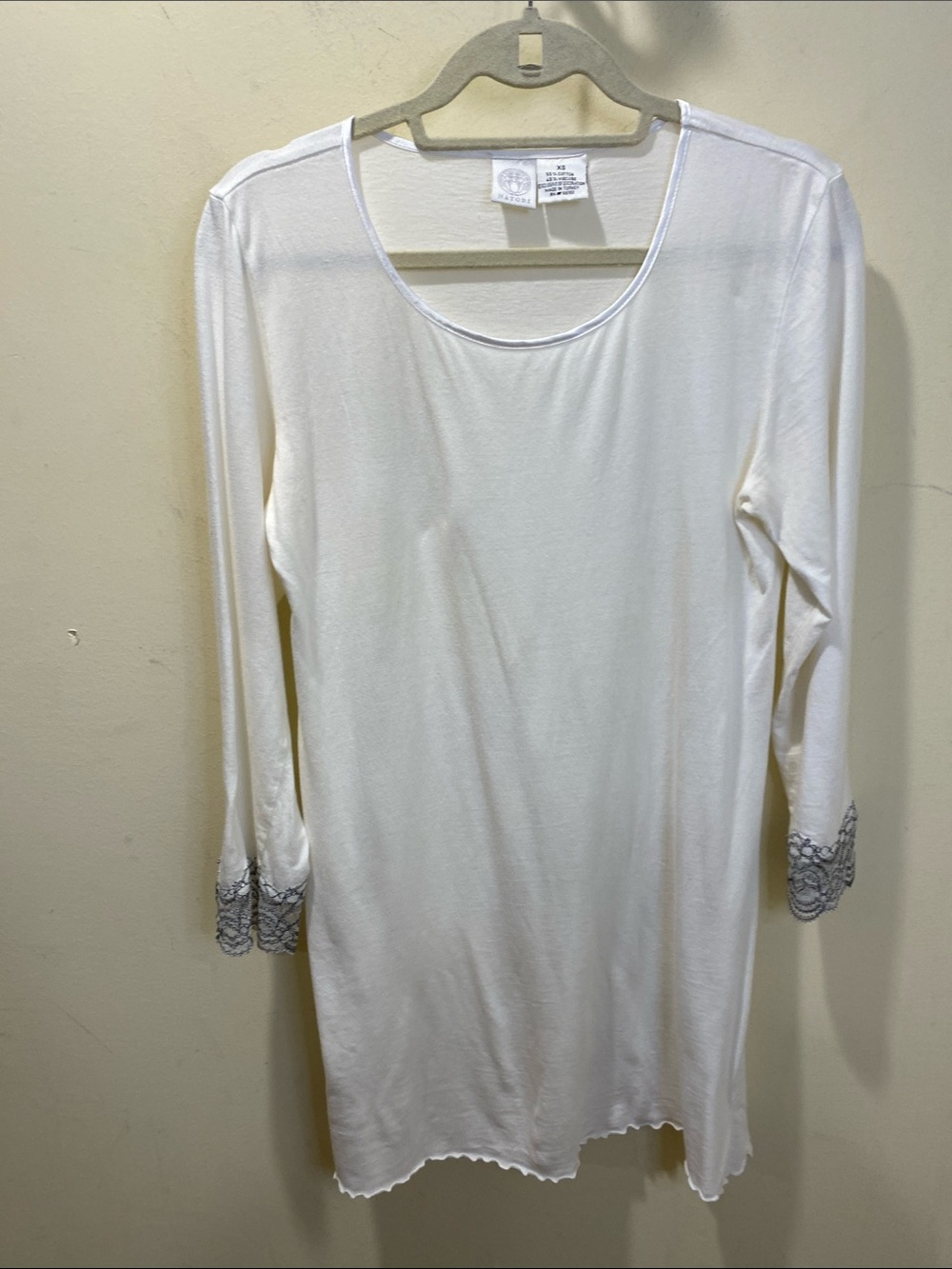 Natori White Long-Sleeve Scoop Neck Cotton sleep dress with Lace Cuffs SZ XS